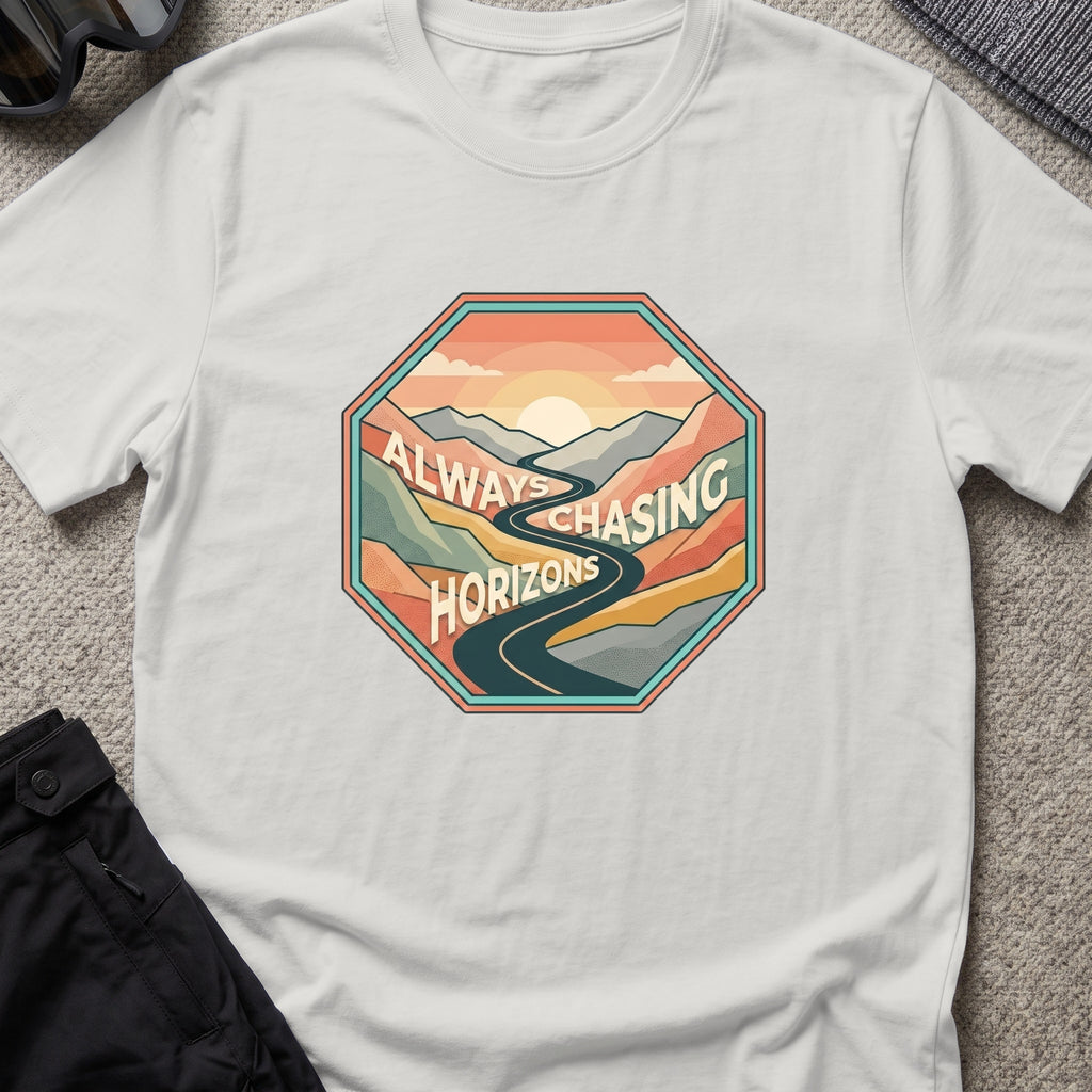 Always Chasing Horizons T-Shirt in Ice Grey, front view.