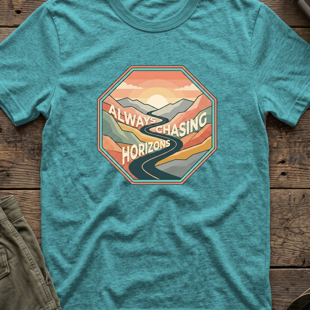 Always Chasing Horizons T-Shirt in Heather Galapagos Blue, front view.