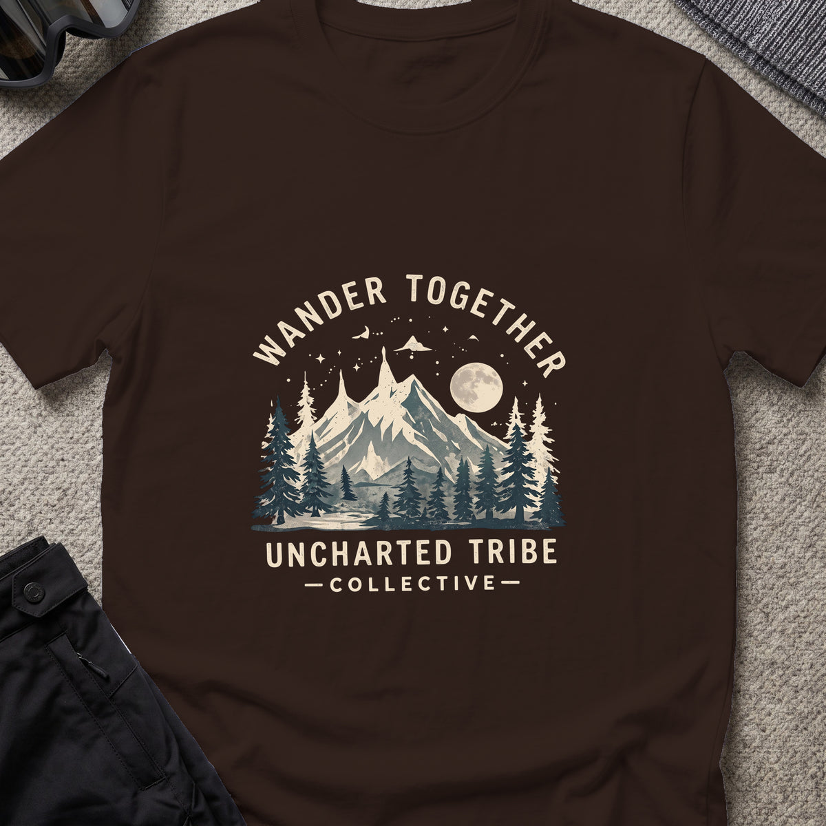 Wander Together T-Shirt in Dark Chocolate, front view.