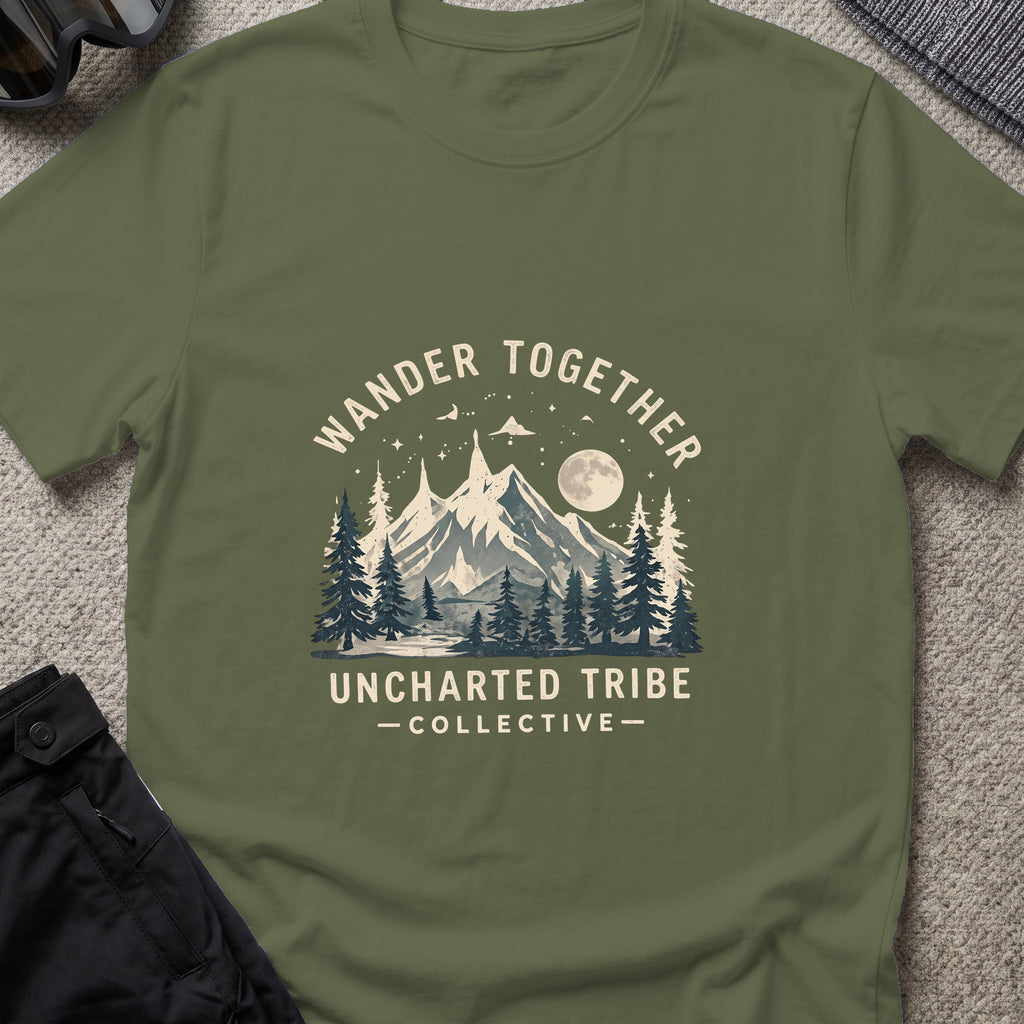 Wander Together T-Shirt in Military Green, front view.