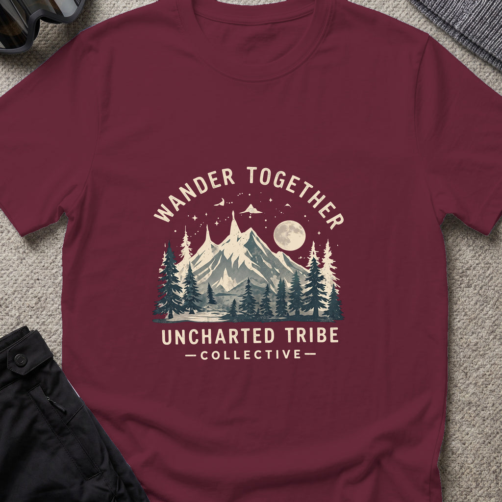 Wander Together T-Shirt in Maroon, front view.