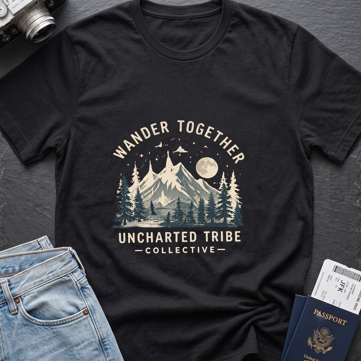 Wander Together T-Shirt in Black, front view.