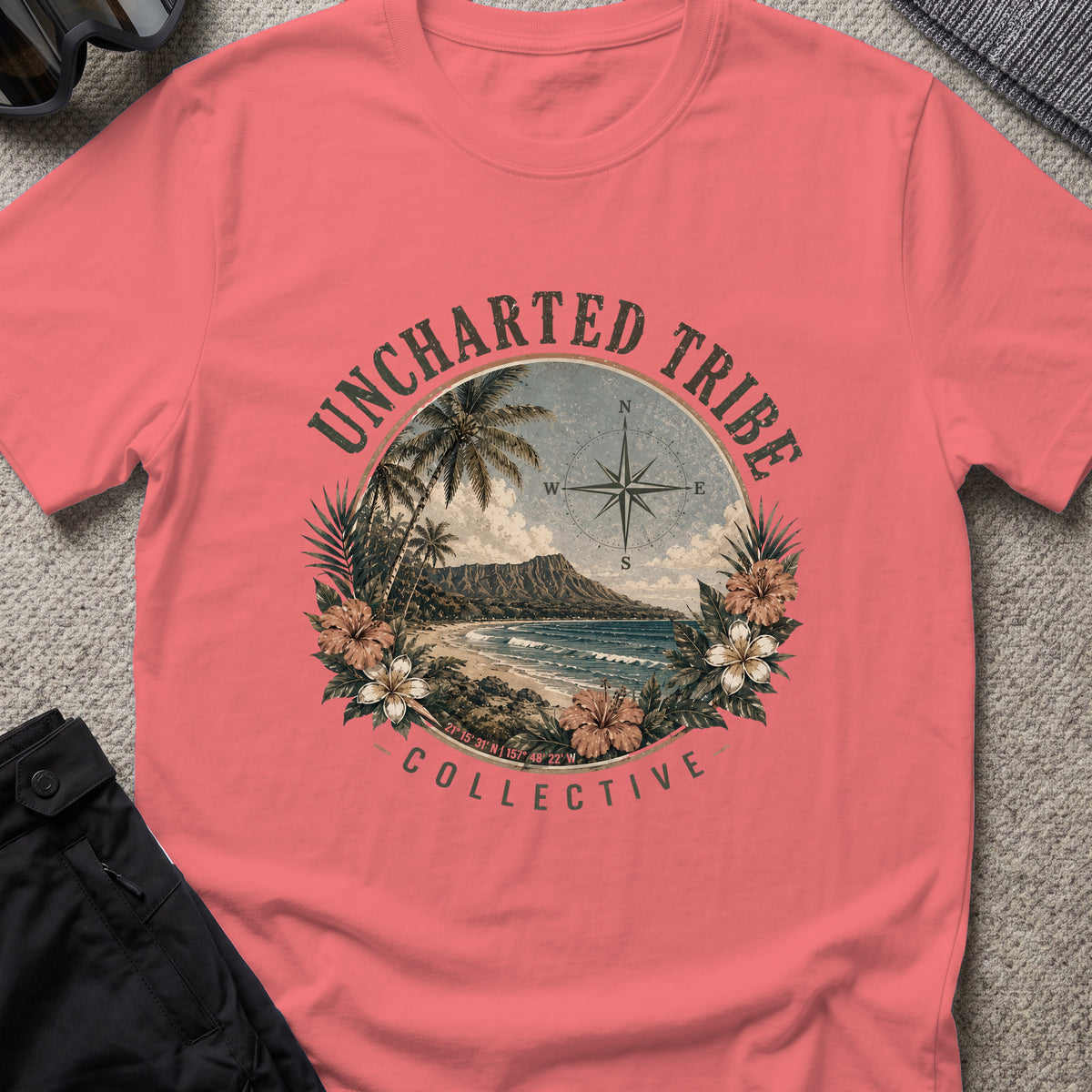 Vintage Diamond Head T-Shirt in Coral Silk, front view.