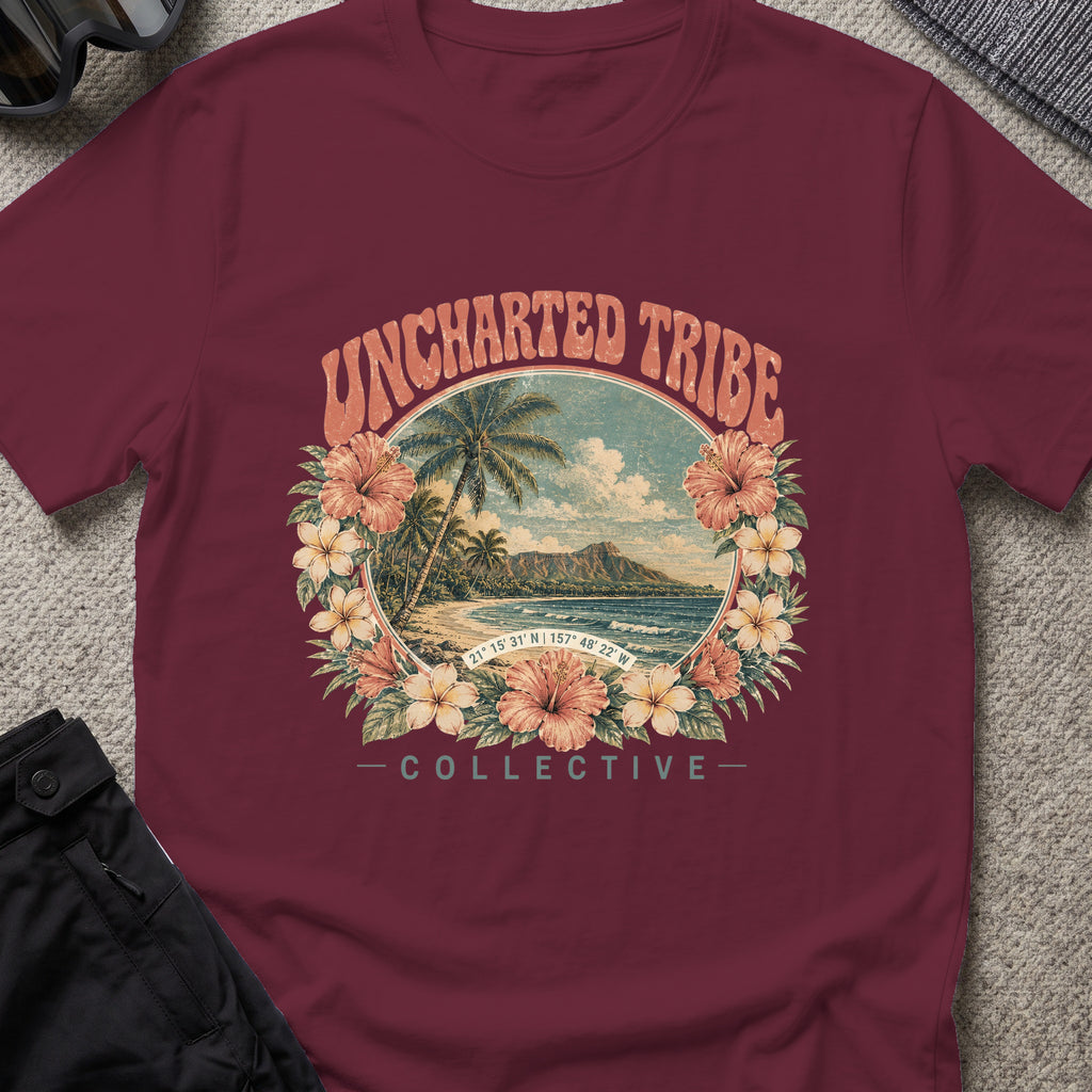 Vintage Uncharted Tribe Collective T-Shirt in Maroon, front view.