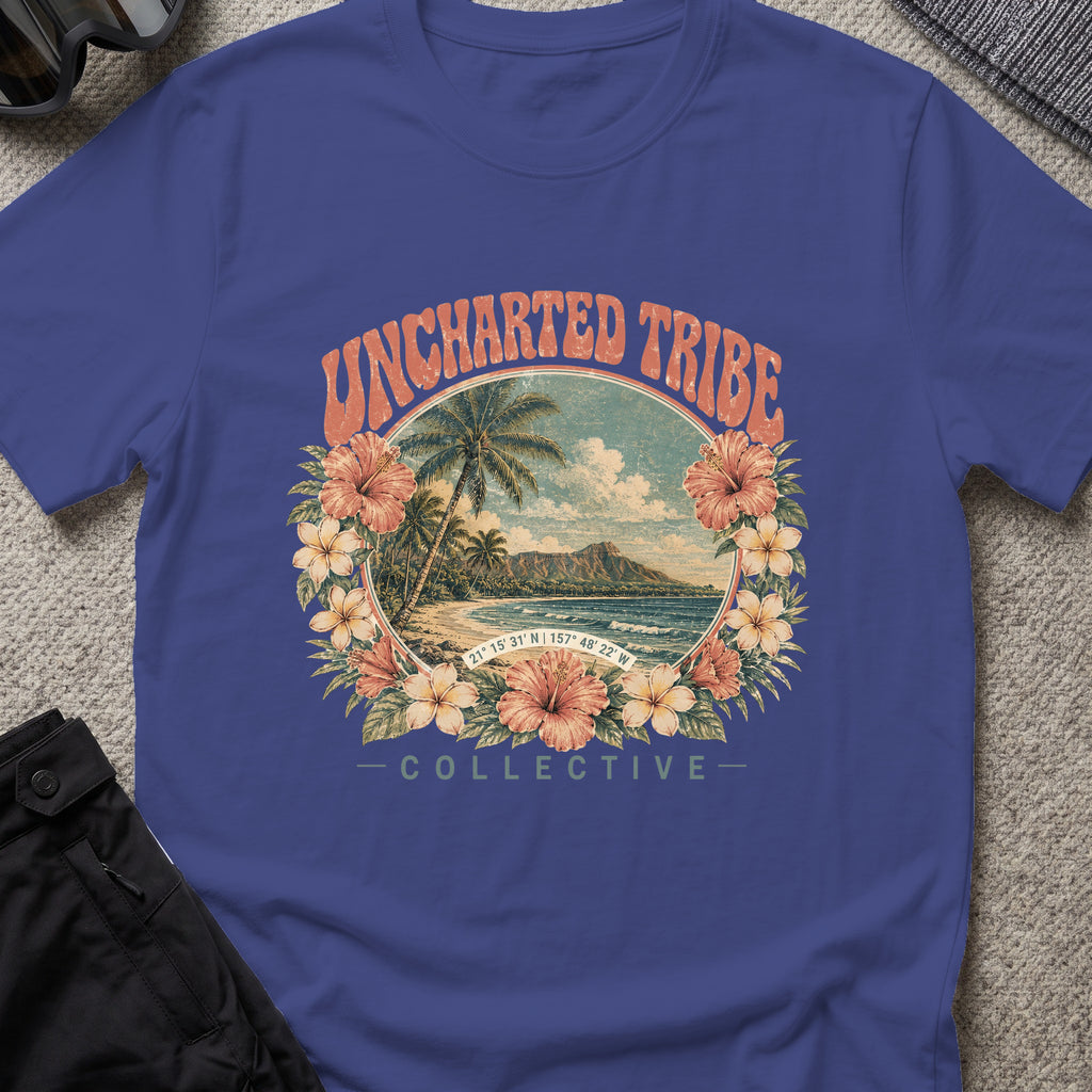Vintage Uncharted Tribe Collective T-Shirt in Metro Blue, front view.