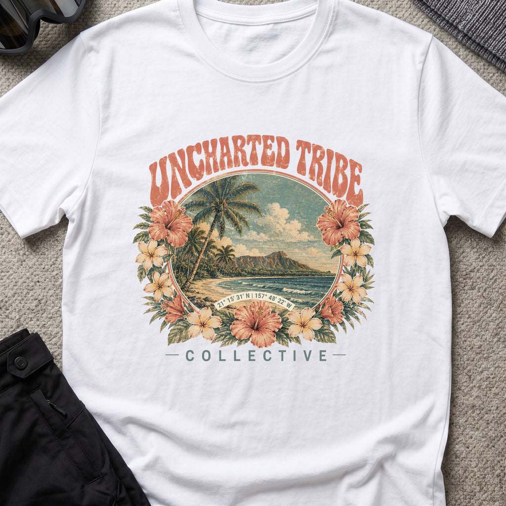 Vintage Uncharted Tribe Collective T-Shirt in White, front view.