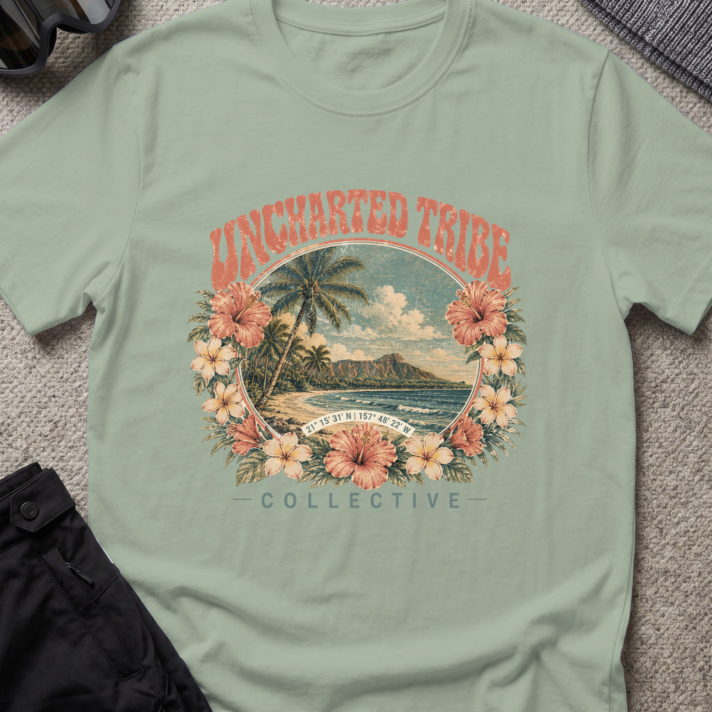 Vintage Uncharted Tribe Collective T-Shirt in Sage, front view.