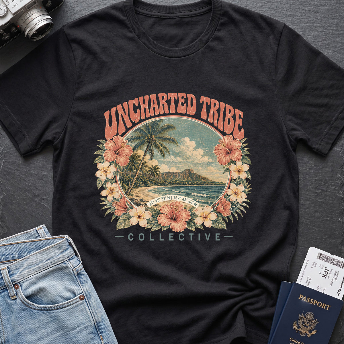 Vintage Uncharted Tribe Collective T-Shirt in Black, front view.