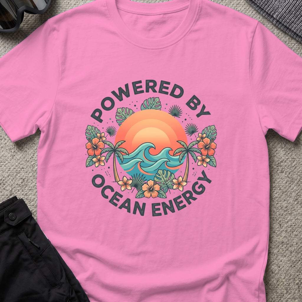 Powered by Ocean Energy T-Shirt in Azalea, front view.