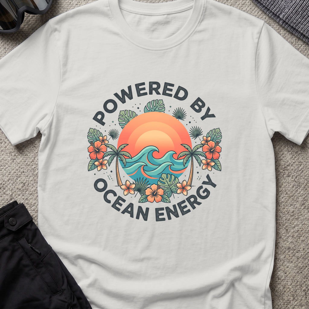 Powered by Ocean Energy T-Shirt in Ice Grey, front view.