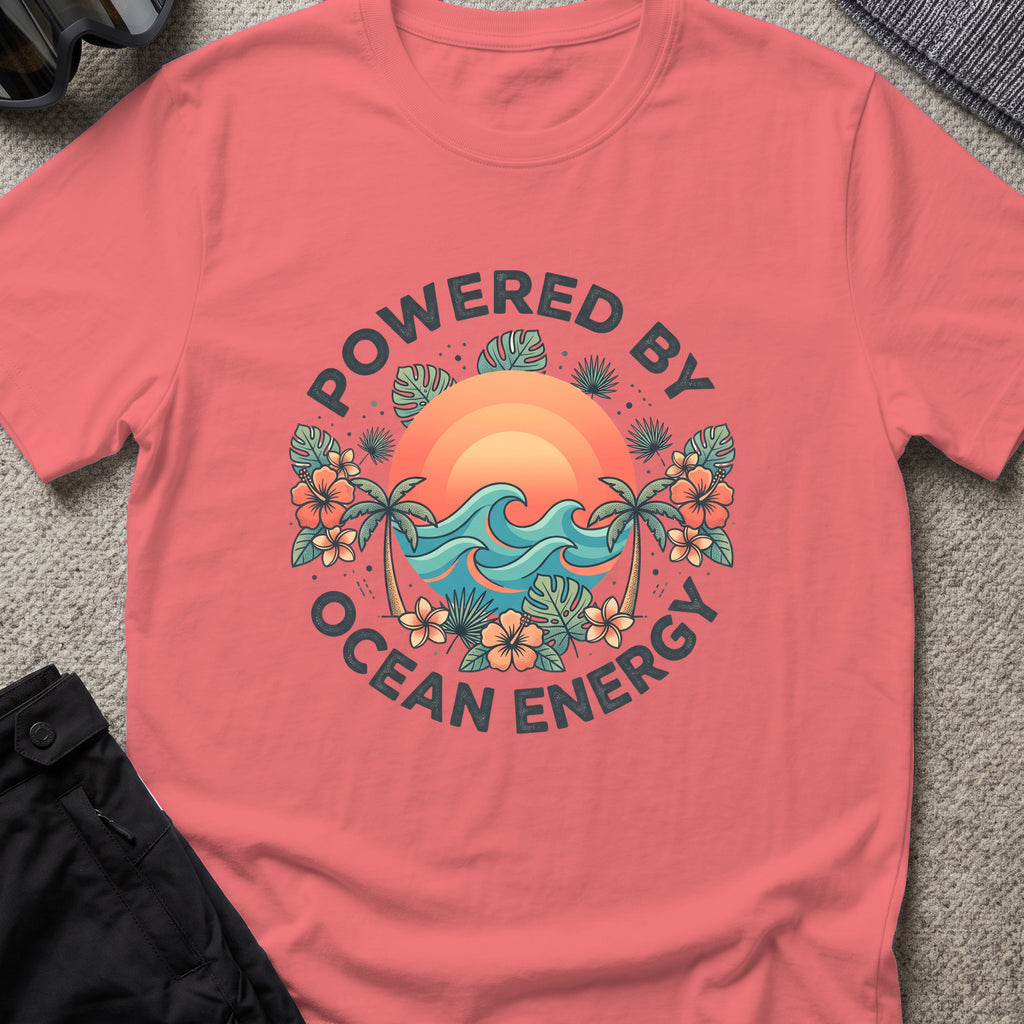 Powered by Ocean Energy T-Shirt in Coral Silk, front view.