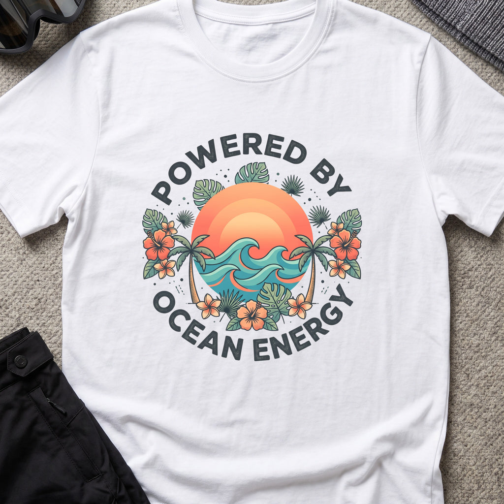 Powered by Ocean Energy T-Shirt in White, front view.