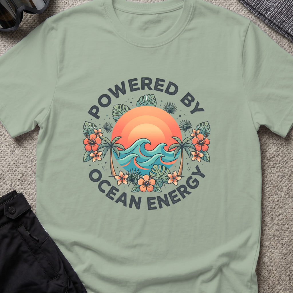 Powered by Ocean Energy T-Shirt in Sage, front view.