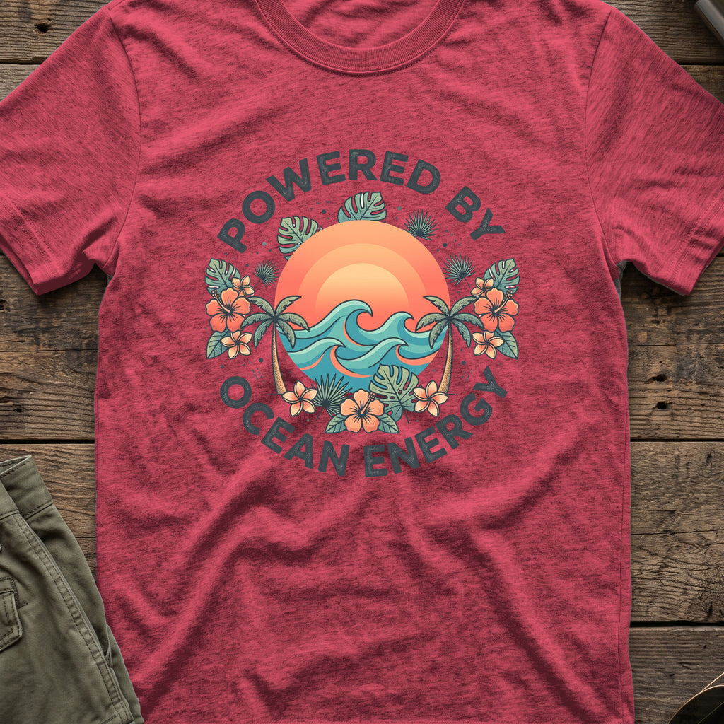 Powered by Ocean Energy T-Shirt in Heather Cardinal, front view.