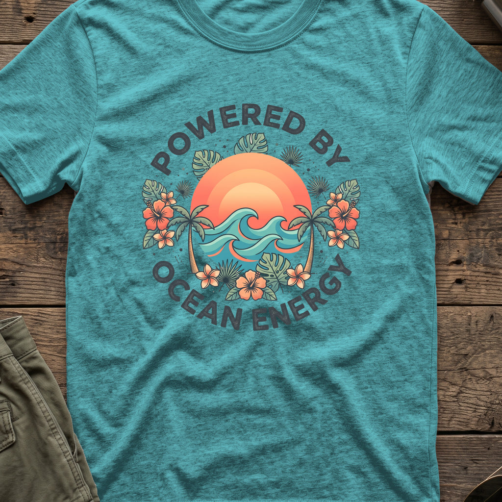 Powered by Ocean Energy T-Shirt in Heather Galapagos Blue, front view.