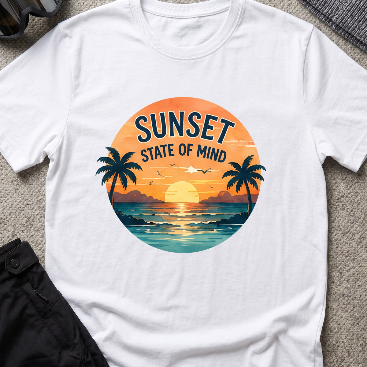 Sunset State of Mind T-Shirt in White, front view.
