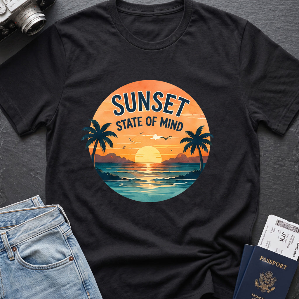 Sunset State of Mind T-Shirt in Black, front view.