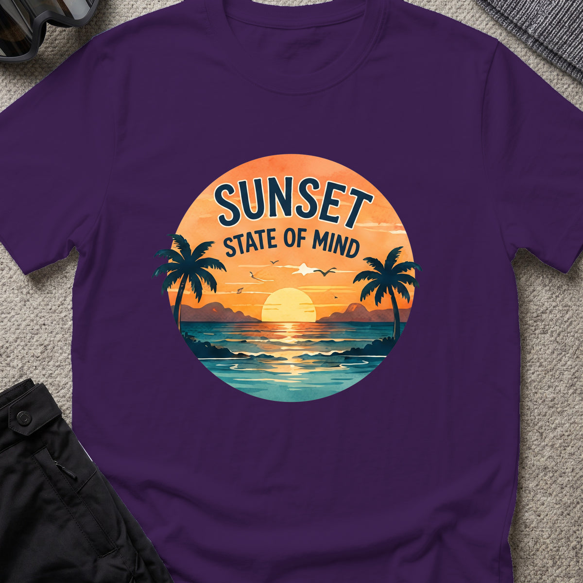 Sunset State of Mind T-Shirt in Purple, front view.