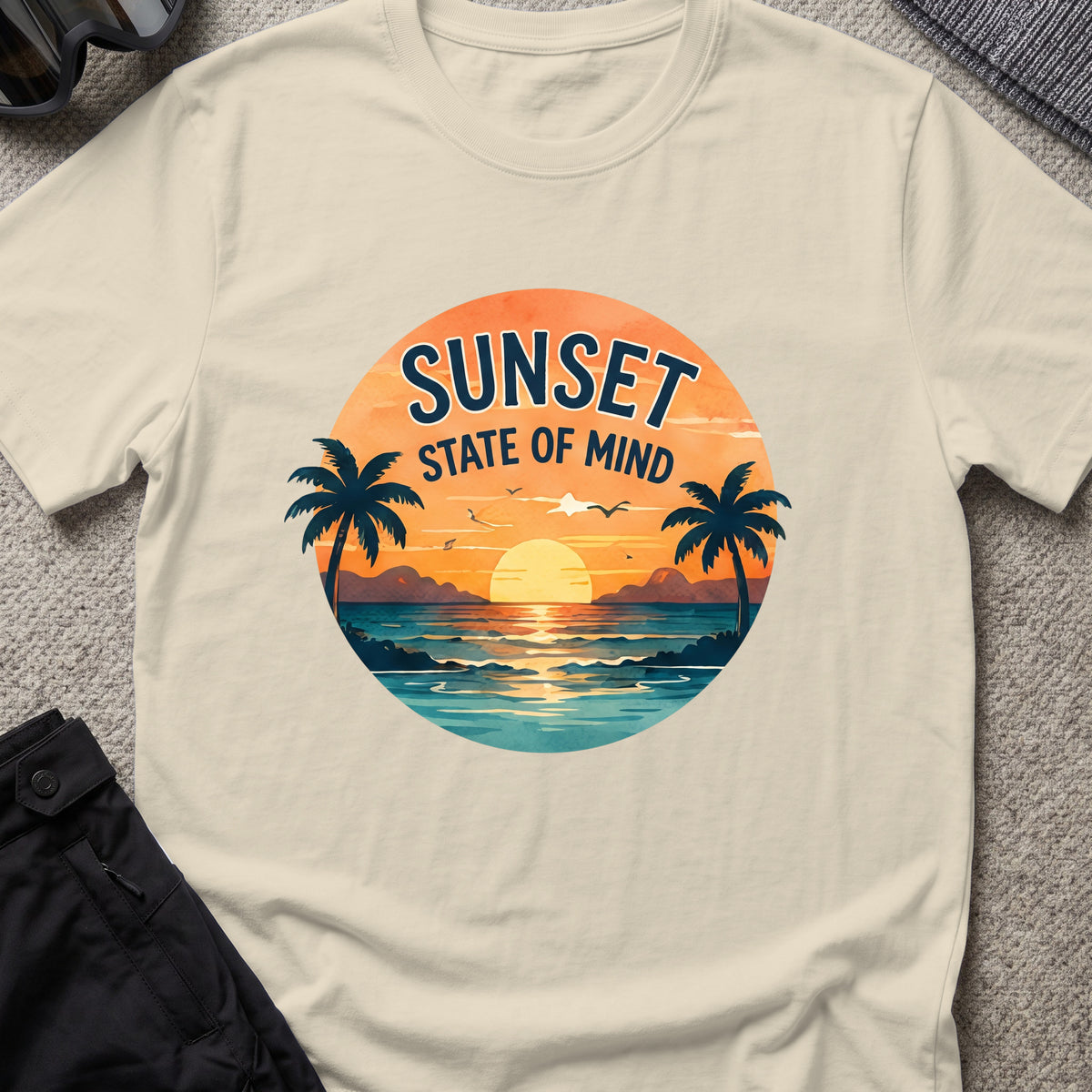 Sunset State of Mind T-Shirt in Sand, front view.
