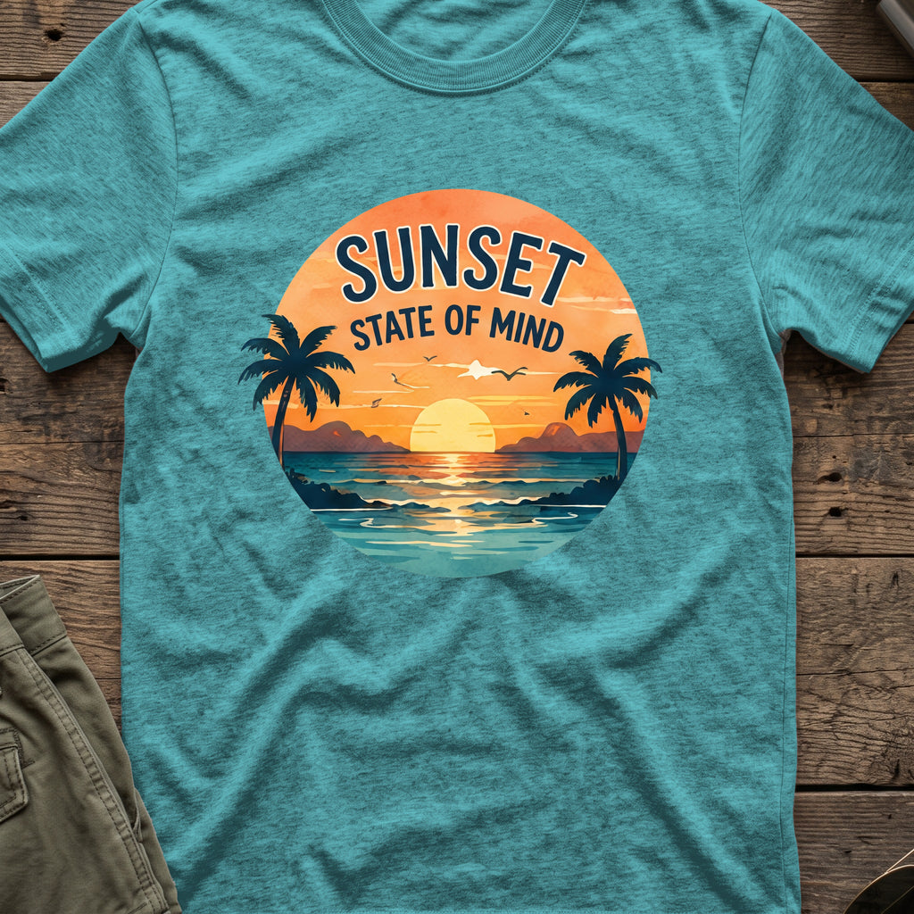 Sunset State of Mind T-Shirt in Heather Galapagos Blue, front view.