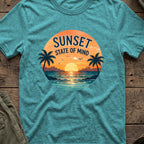 Sunset State of Mind T-Shirt in Heather Galapagos Blue, front view.
