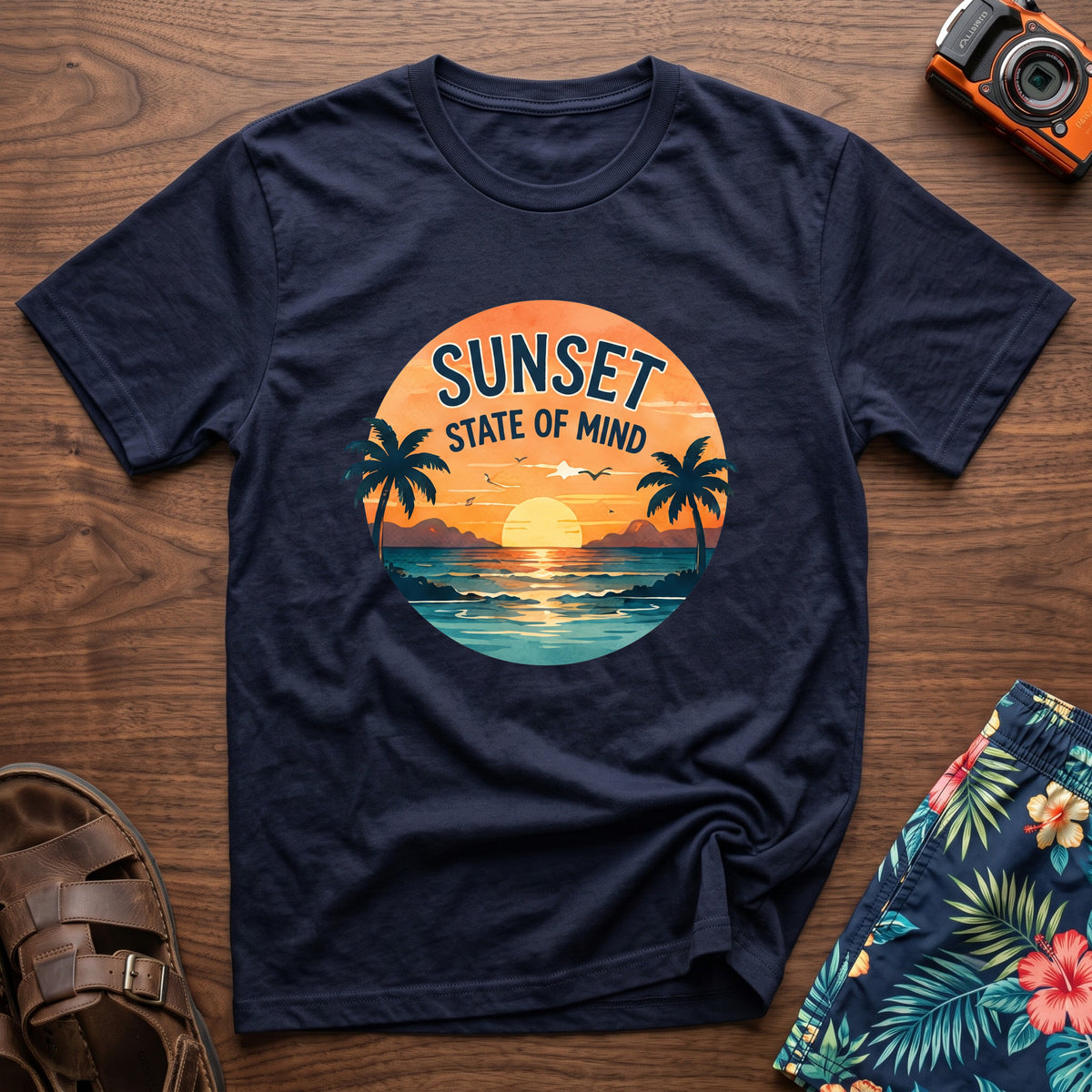 Sunset State of Mind T-Shirt in Navy, front view.