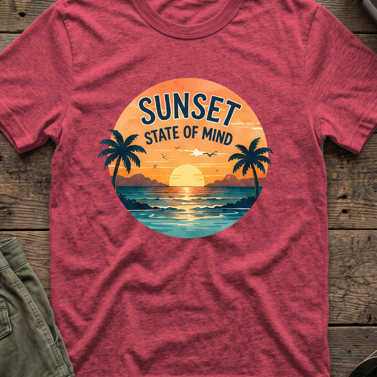 Sunset State of Mind T-Shirt in Heather Cardinal, front view.