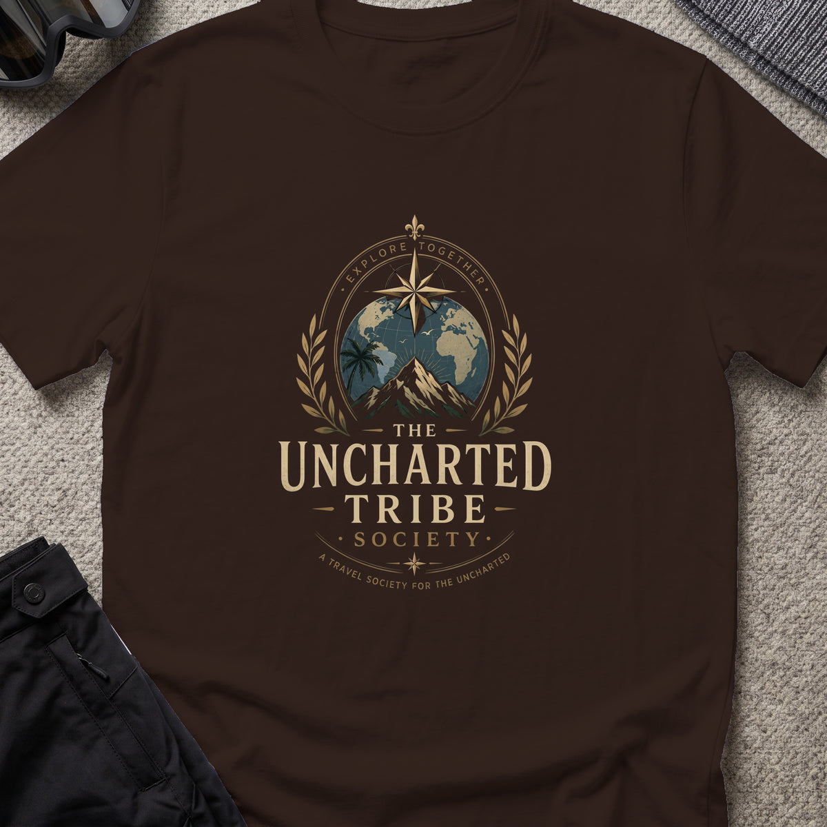Travel Society T-Shirt in Dark Chocolate, front view.