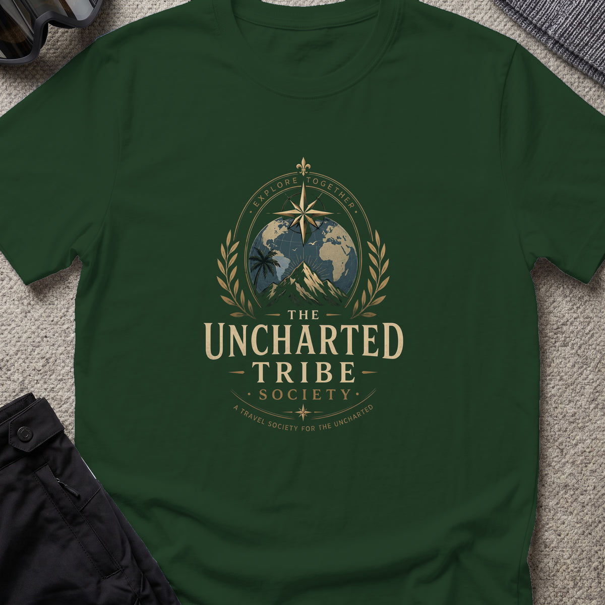 Travel Society T-Shirt in Forest Green, front view.