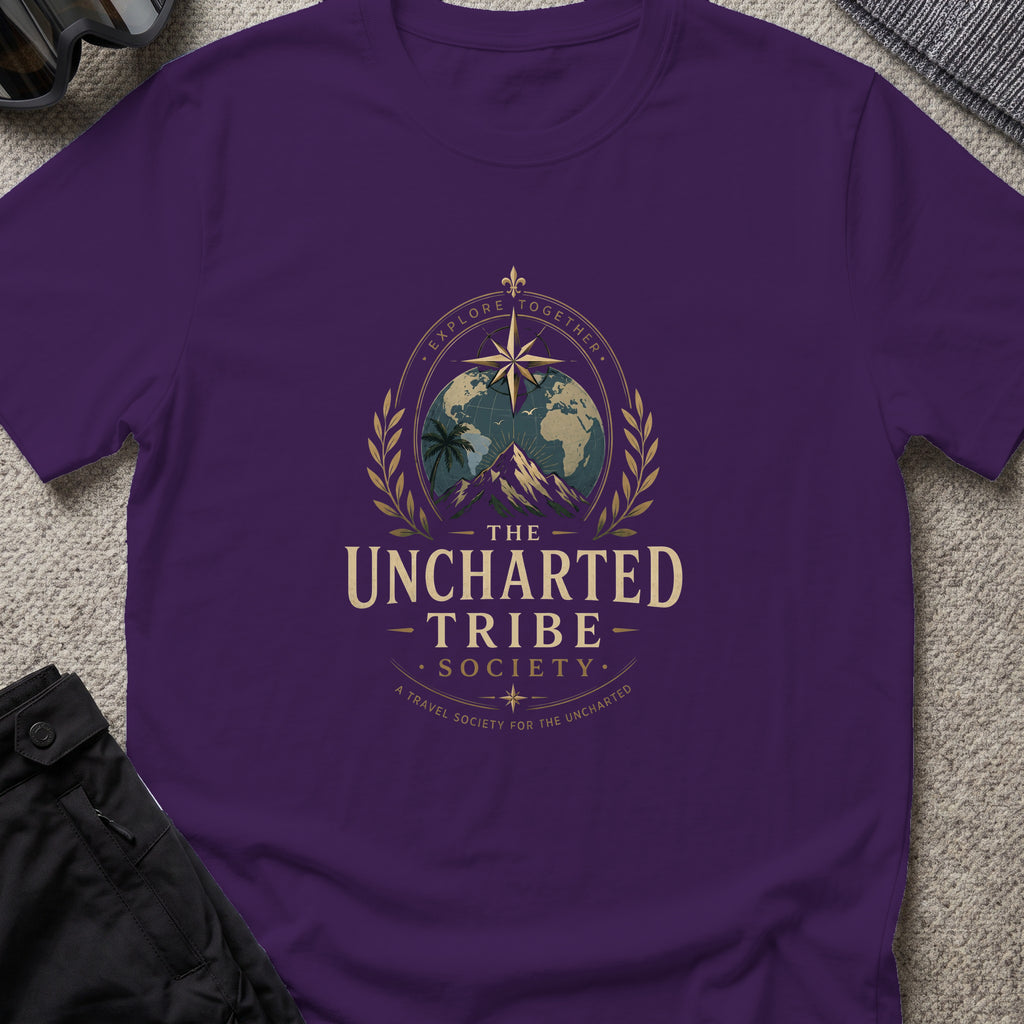 Travel Society T-Shirt in Purple, front view.