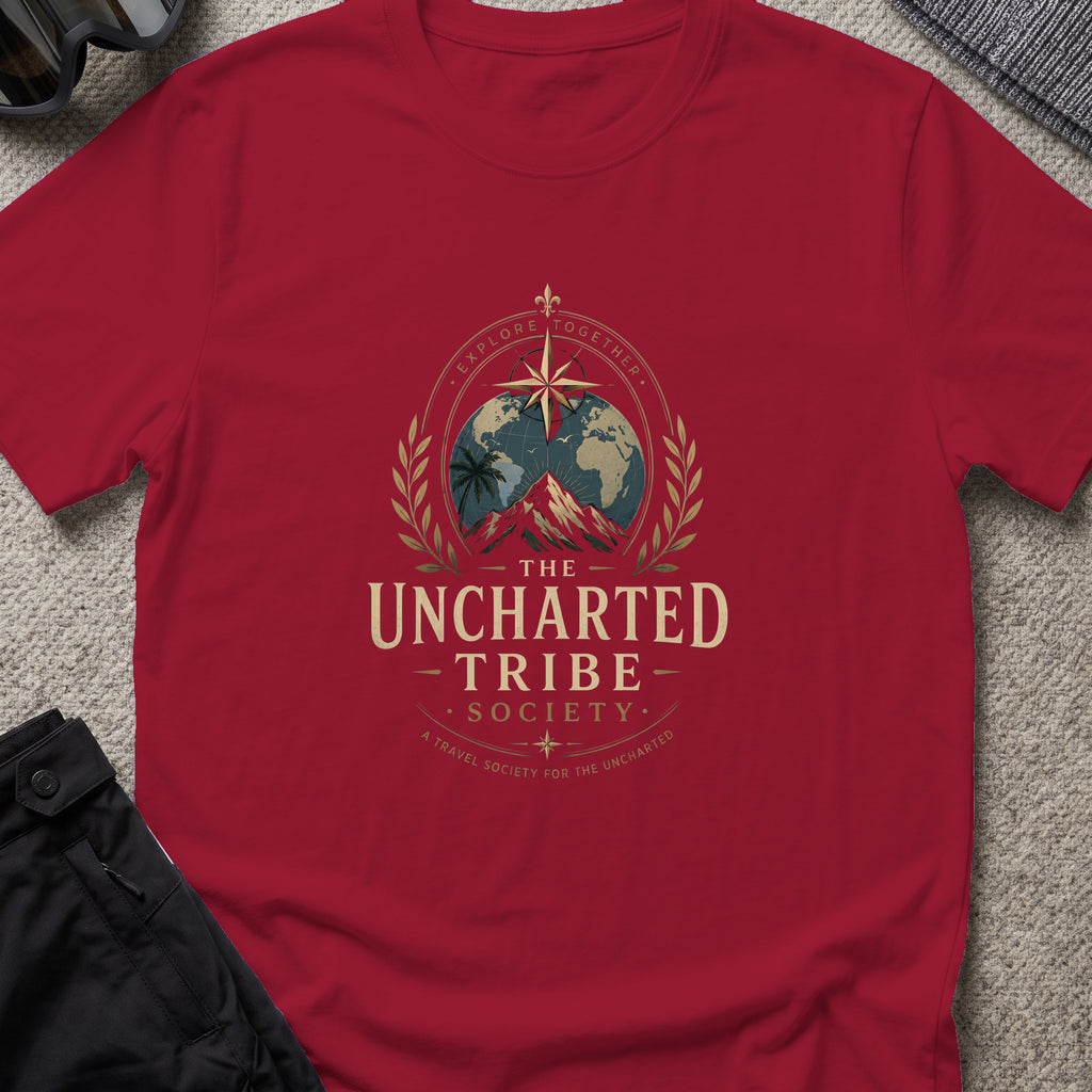 Travel Society T-Shirt in Cardinal Red, front view.