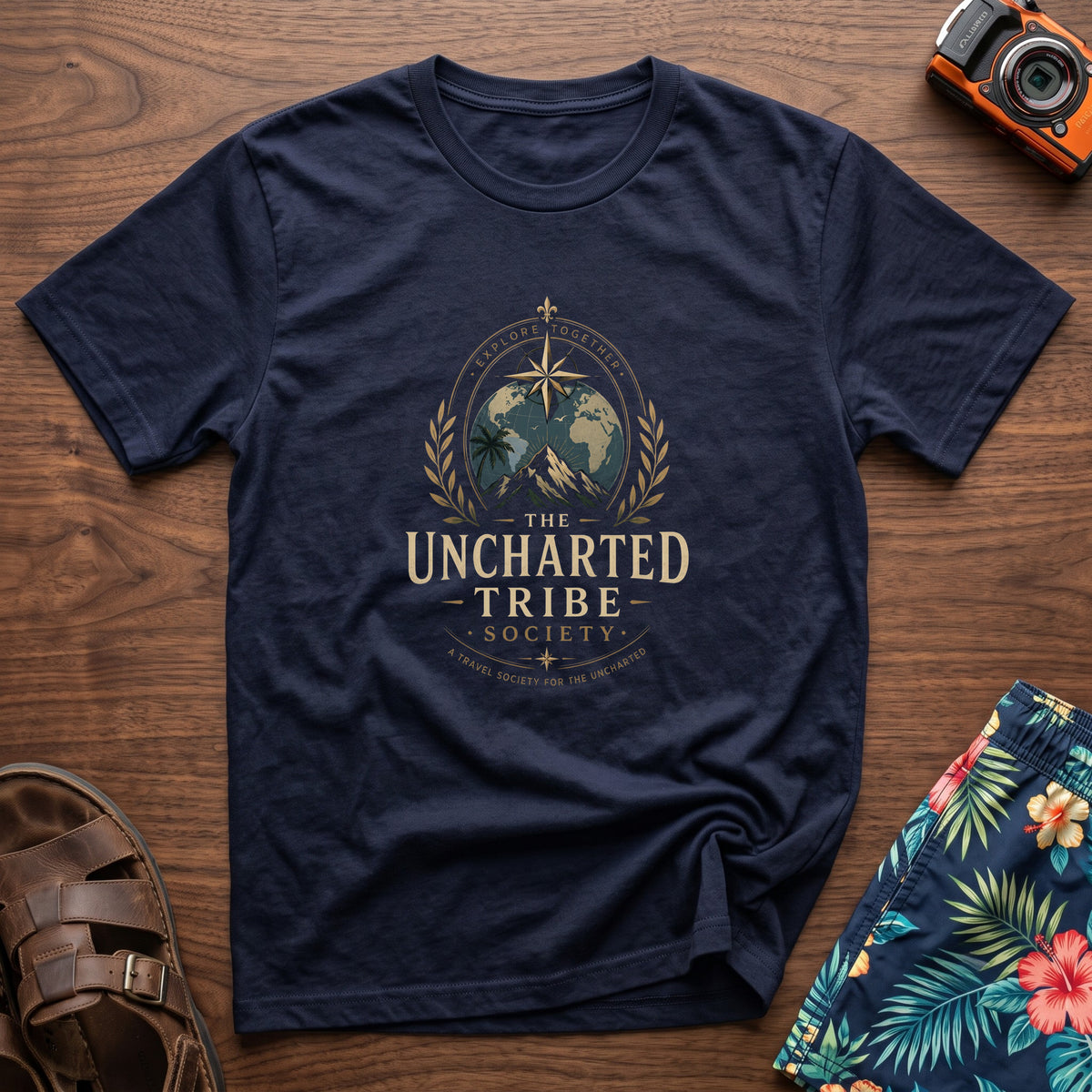 Travel Society T-Shirt in Navy, front view.