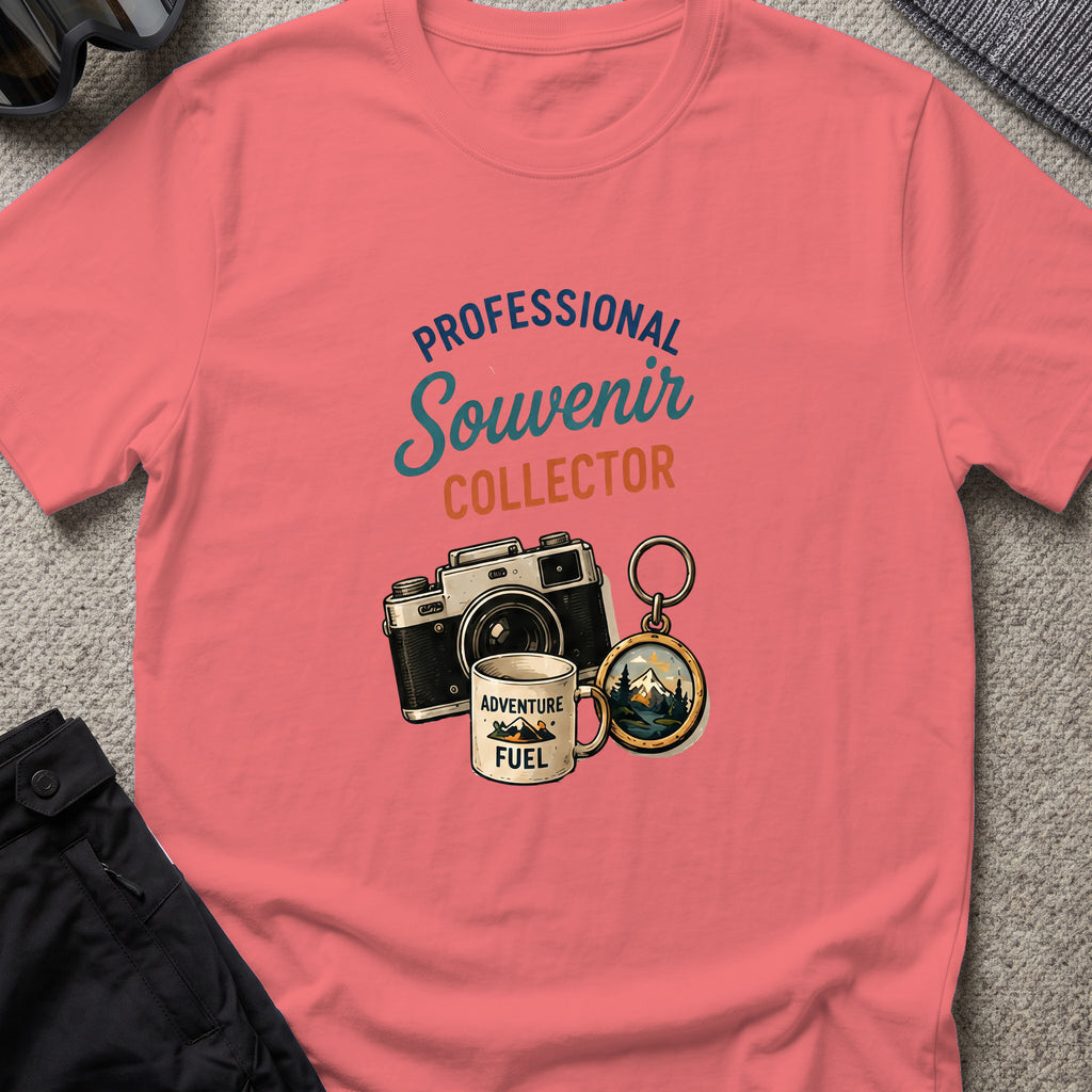 Professional Souvenir Collector T-Shirt in Coral Silk, front view.
