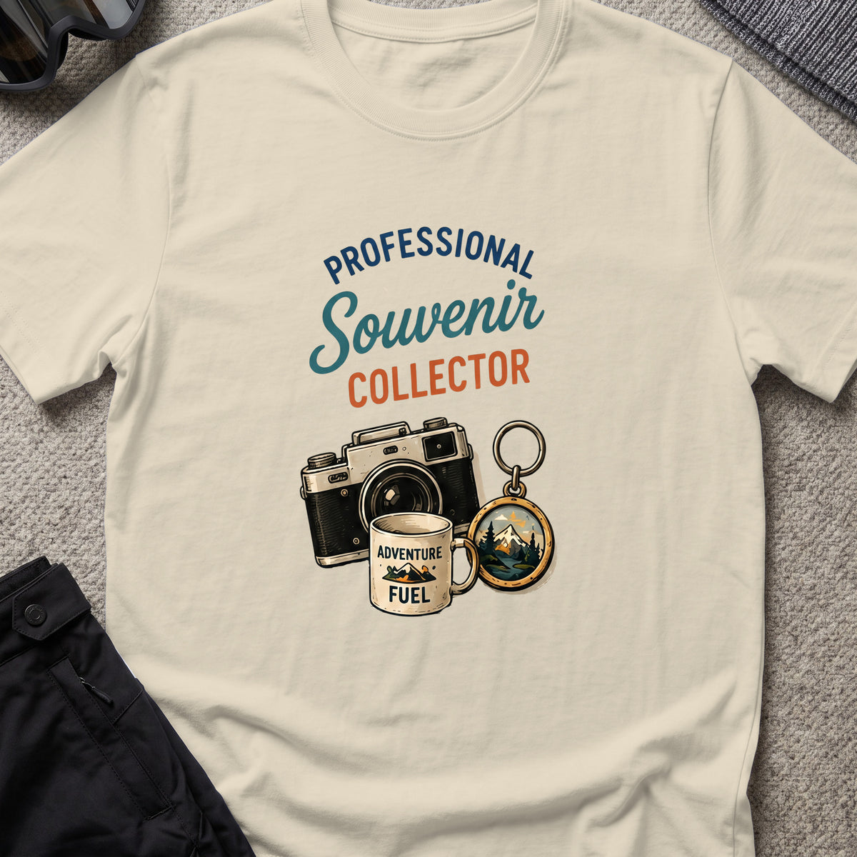 Professional Souvenir Collector T-Shirt in Sand, front view.