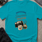 Professional Souvenir Collector T-Shirt in Tropical Blue, front view.
