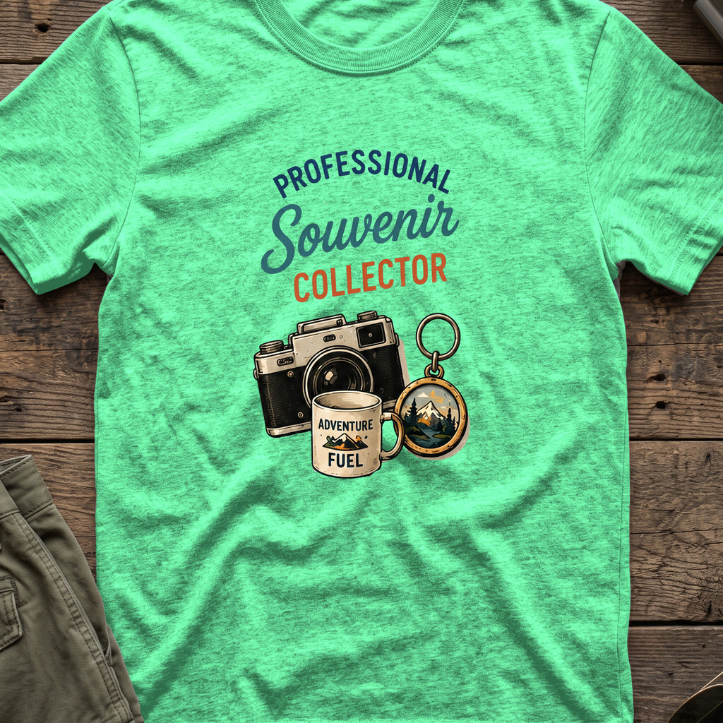 Professional Souvenir Collector T-Shirt in Heather Irish Green, front view.