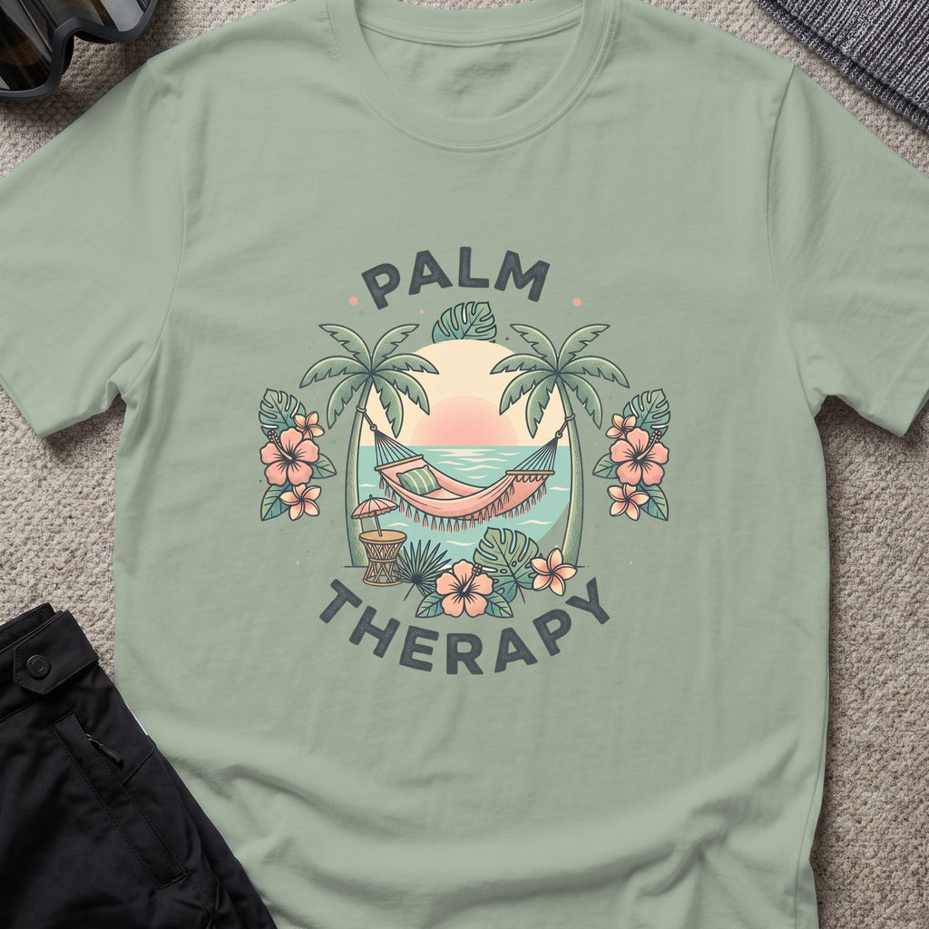 Palm Therapy T-Shirt in Sage, front view.