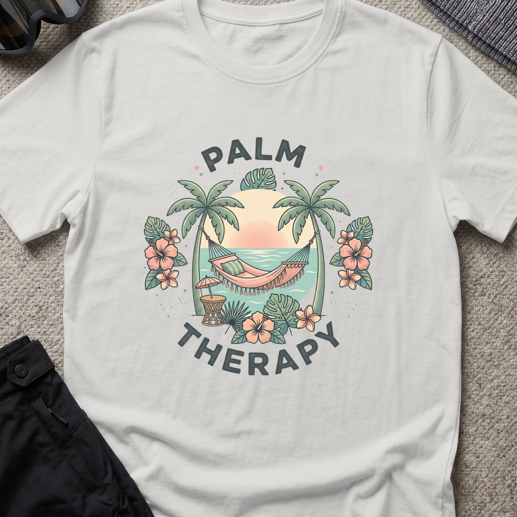 Palm Therapy T-Shirt in Ice Grey, front view.