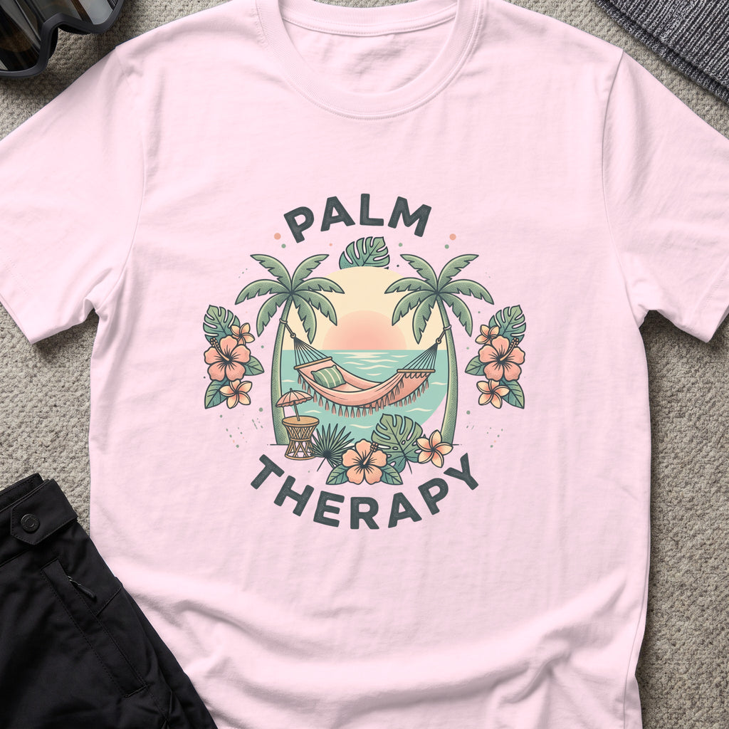 Palm Therapy T-Shirt in Light Pink, front view.