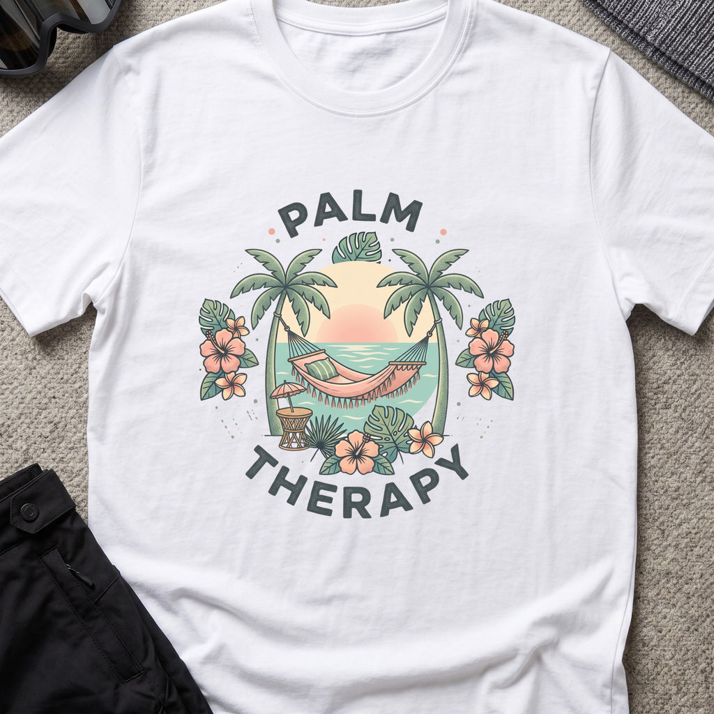 Palm Therapy T-Shirt in White, front view.