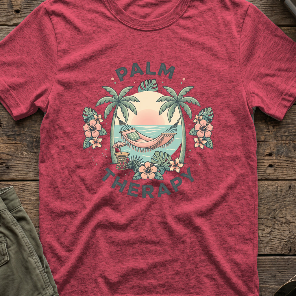 Palm Therapy T-Shirt in Heather Cardinal, front view.