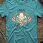 Palm Therapy T-Shirt in Heather Galapagos Blue, front view.