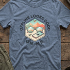 Offline Looks Good on Me T-Shirt in Heather Indigo, front view.