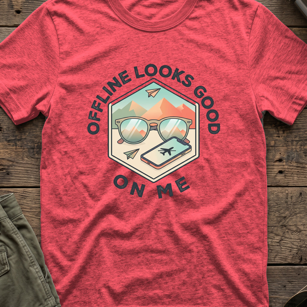 Offline Looks Good on Me T-Shirt in Heather Red, front view.