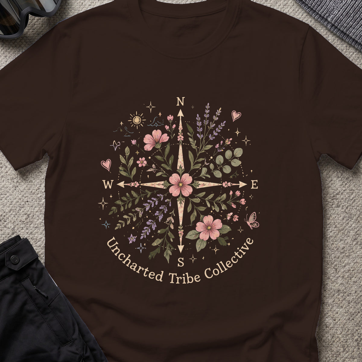 Uncharted Floral Compass T-Shirt in Dark Chocolate, front view.