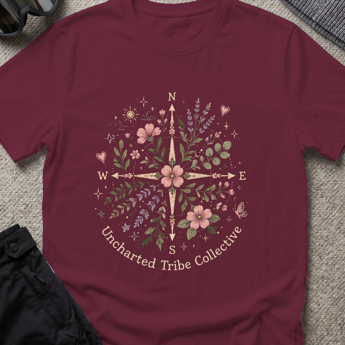 Uncharted Floral Compass T-Shirt in Maroon, front view.
