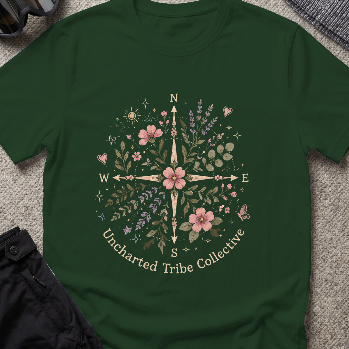 Uncharted Floral Compass T-Shirt in Forest Green, front view.