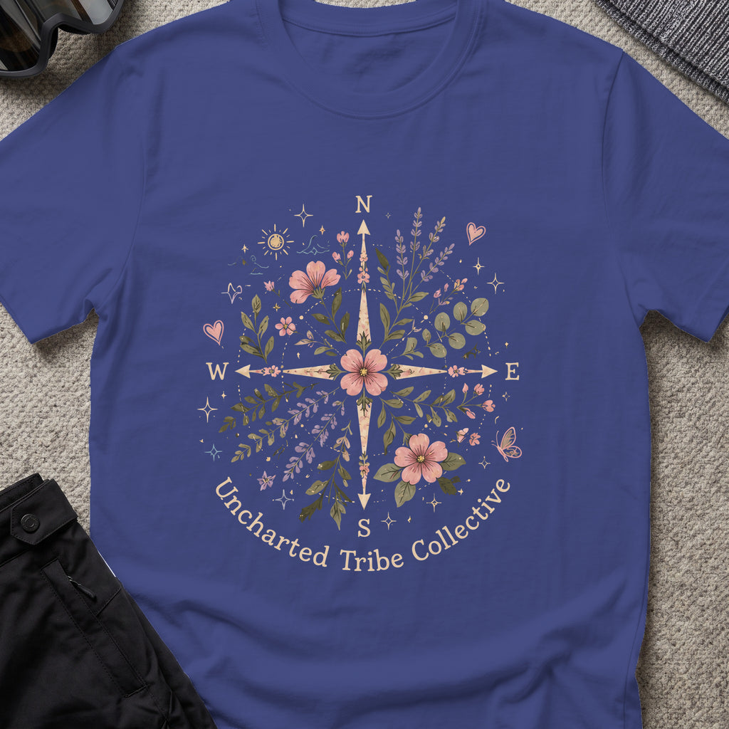 Uncharted Floral Compass T-Shirt in Metro Blue, front view.