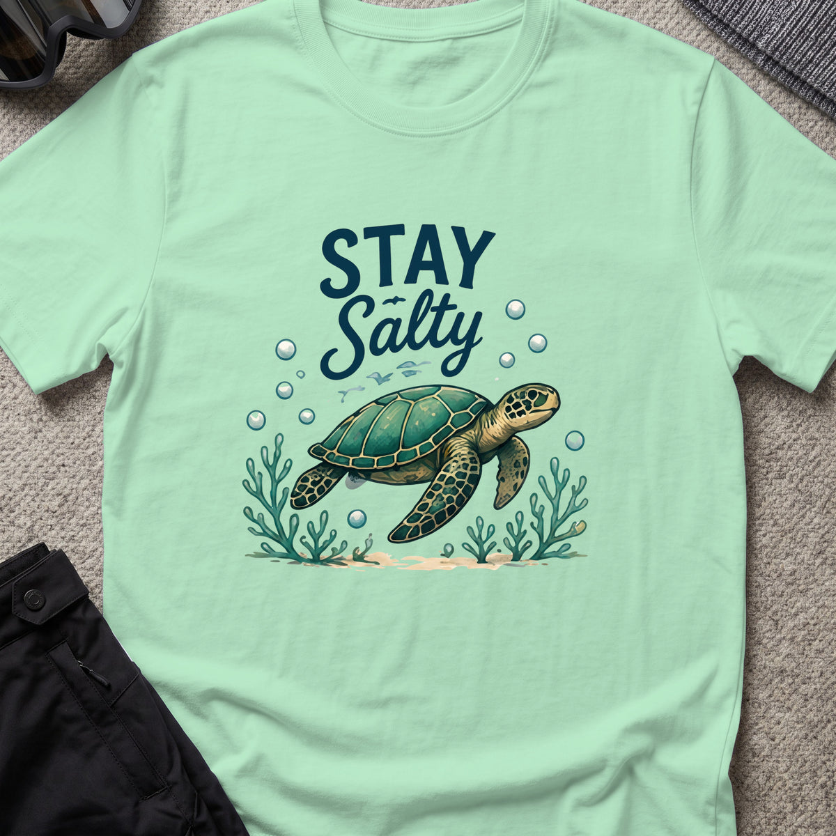 Stay Salty T-Shirt in Mint Green, front view.