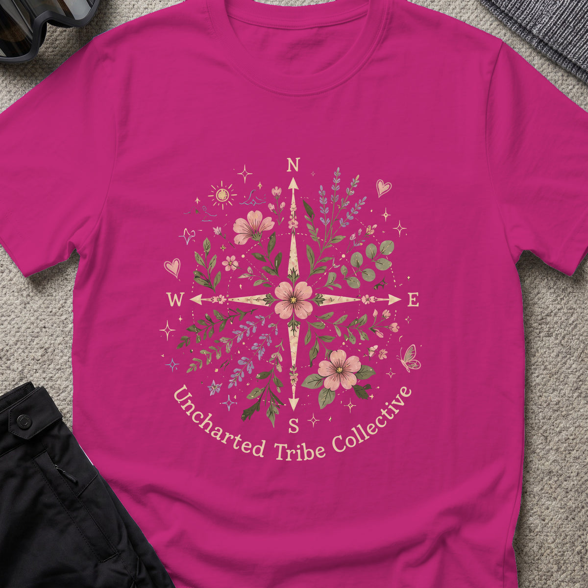 Uncharted Floral Compass T-Shirt in Antique Heliconia, front view.